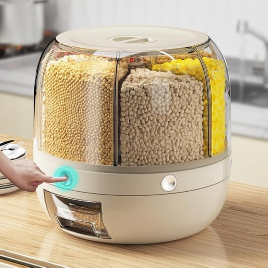 Rotating Grain Dispenser for Kitchen 6 Compartment Storage Container